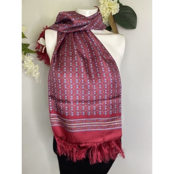 Made in Japan Accessories - Japanese 100% Silk Fringe Vintage Red White Blue Rectangular Scarf 12"x45" NWOT
